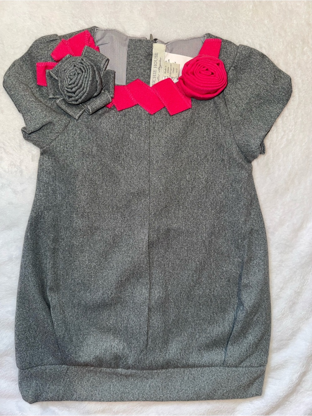 Gray Girls' 1/2 Short Sleeve Dress with Pink Accent Flowers